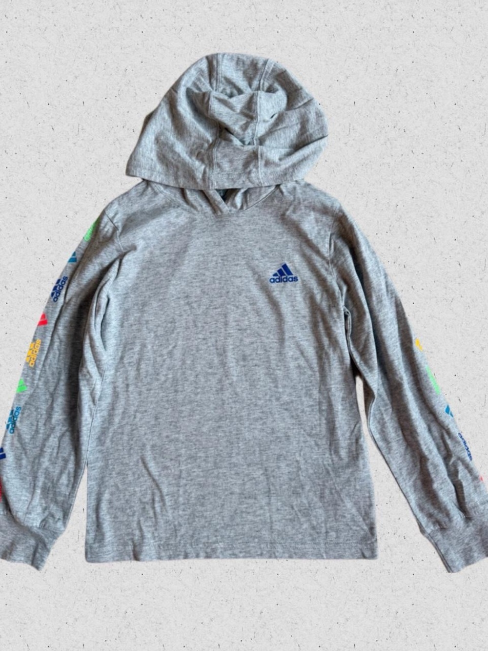 Adidas Gray Hooded Long Sleeve Shirt with Colorful Sleeve Accents